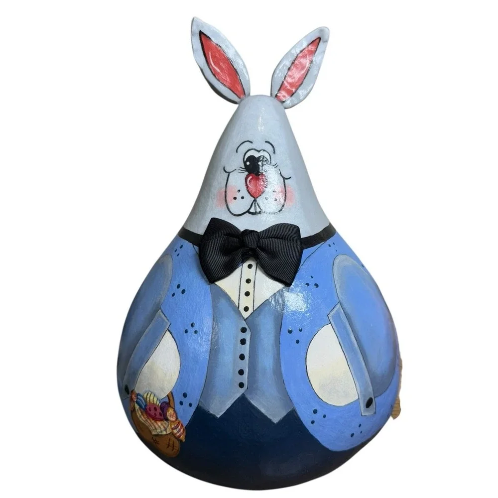 Hand‎ Painted Gourd Bunny Figurine Folk Art Rabbit Easter Decor Signed OOAK
